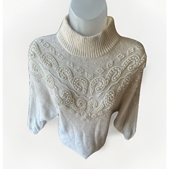 Vintage Ivory Silk Angora Wool Sweater Pearl Embellished 80’s Women's Size Med - Picture 6 of 9